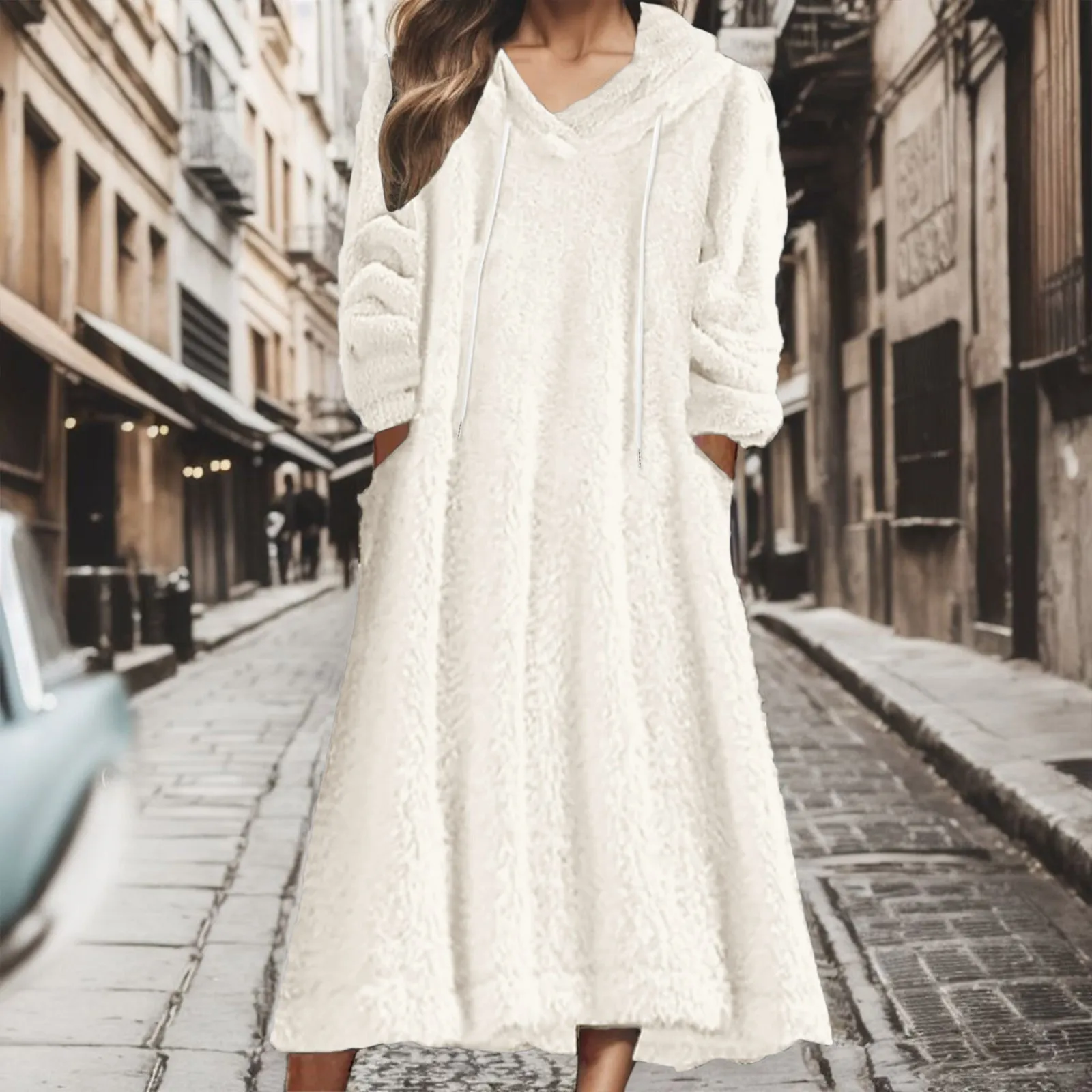 

Зимнее теплое пушистое платье с капюшоном, женское флисовое платье-свитшот, белое платье средней длины с рукавом 3/4, длинные толстовки, удобное домашнее платье для отдыха