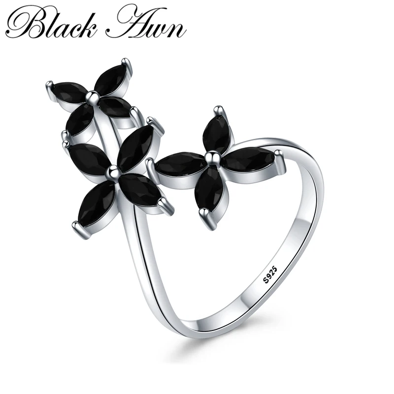 

[BLACK AWN] Silver Color Jewelry Rings for Women Black Spinel Flower Finger Ring Fashion Jewelry G069
