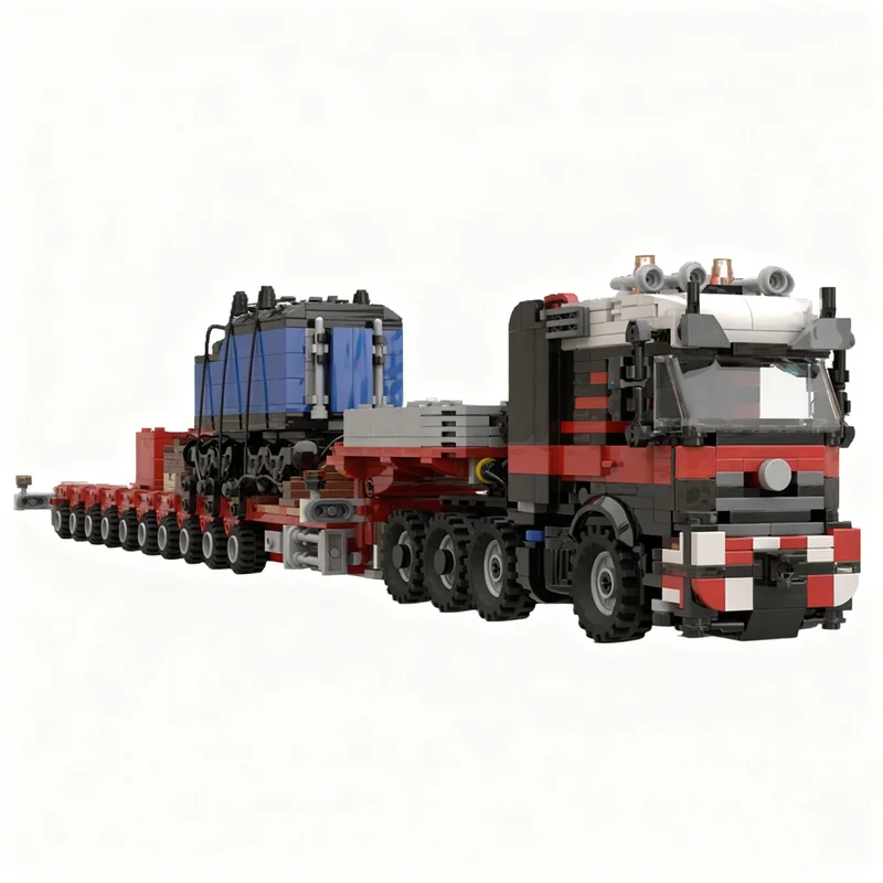 Фото 2394 детали MOC 8x4 Полуприцеп-тягач 10-осный STZ с выдвижной низкорамной платформой, модель грузового транспорта, строительные блоки, игрушки, архитектурная модель, рождественский подарок №4