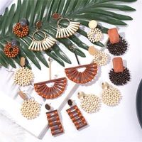women%e2%80%99s earrings handmade bohemian wooden rattan wicker straw drop earrings for girls vintage geometric earrings jewelry gift