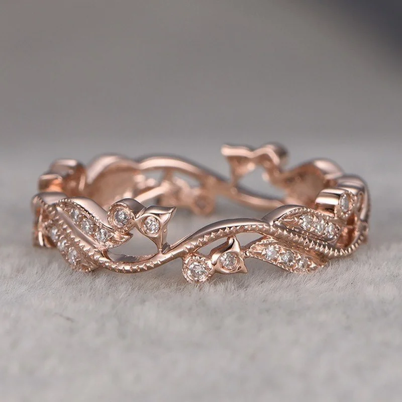

Fashion Hot Selling Lucky Flower Rattan Leaf Diamond Ring European and American Plated 14k Rose Gold Flower Jewelry