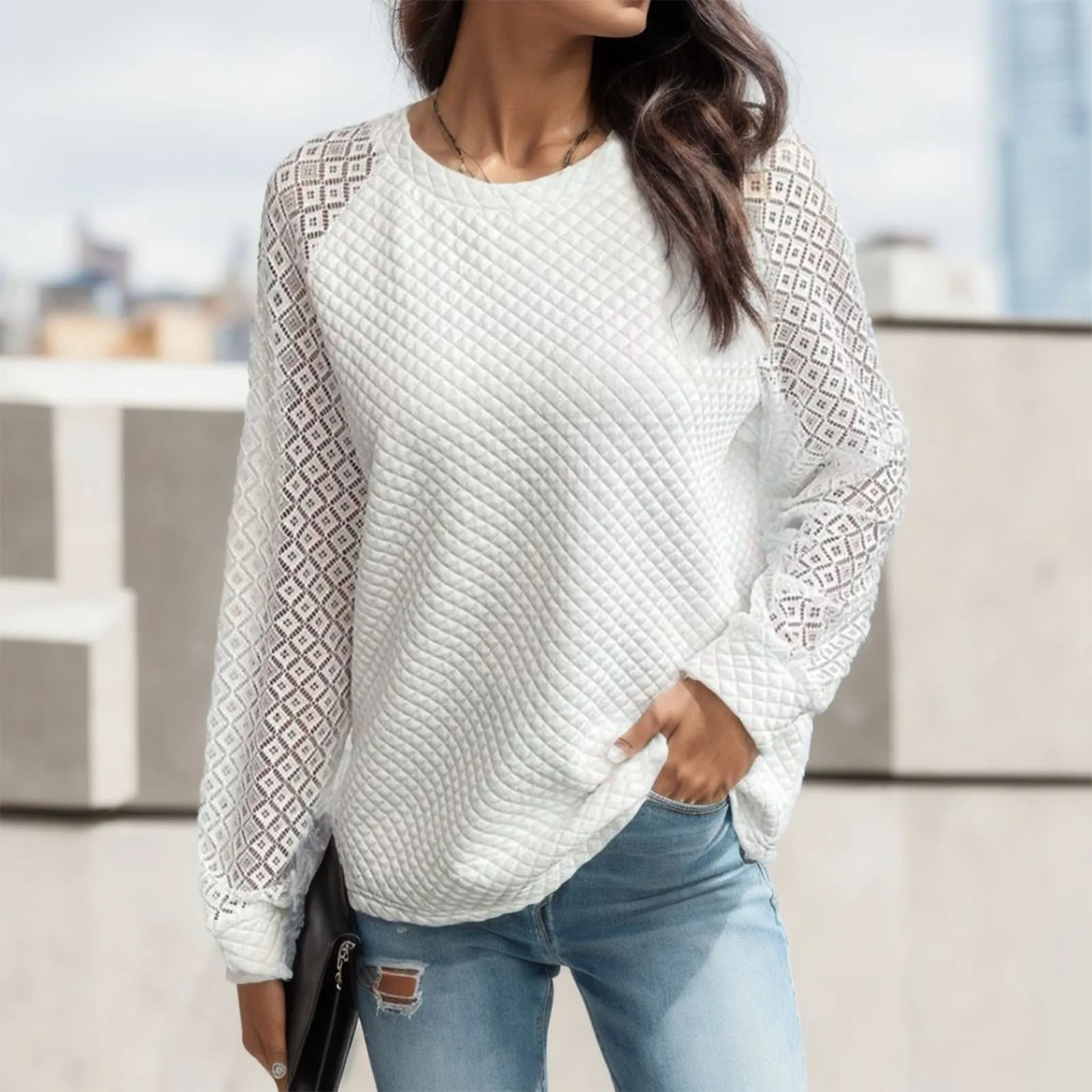 

Womens Autumn And Winter Loose Spliced Lace Sleeve Sleeves Womens Sweater Outfits Women