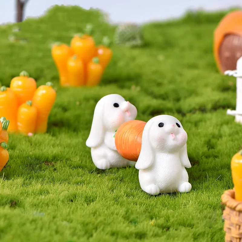 

New Cute Figurines Miniature Cartoon Rabbit Resin Ornament Gardening Accessories for Home Decoration Carrot Bunny Kids Gift