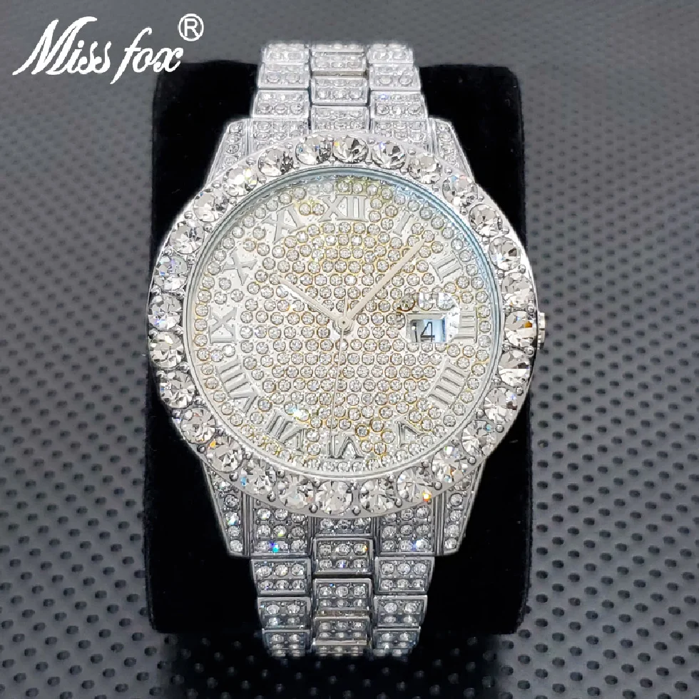 

MISSFOX Luxury Diamond Watches For Men Fashion Silver Stainess Steel Quartz Wristwatch Hip Hop Rapper Style Waterproof Clock Hot