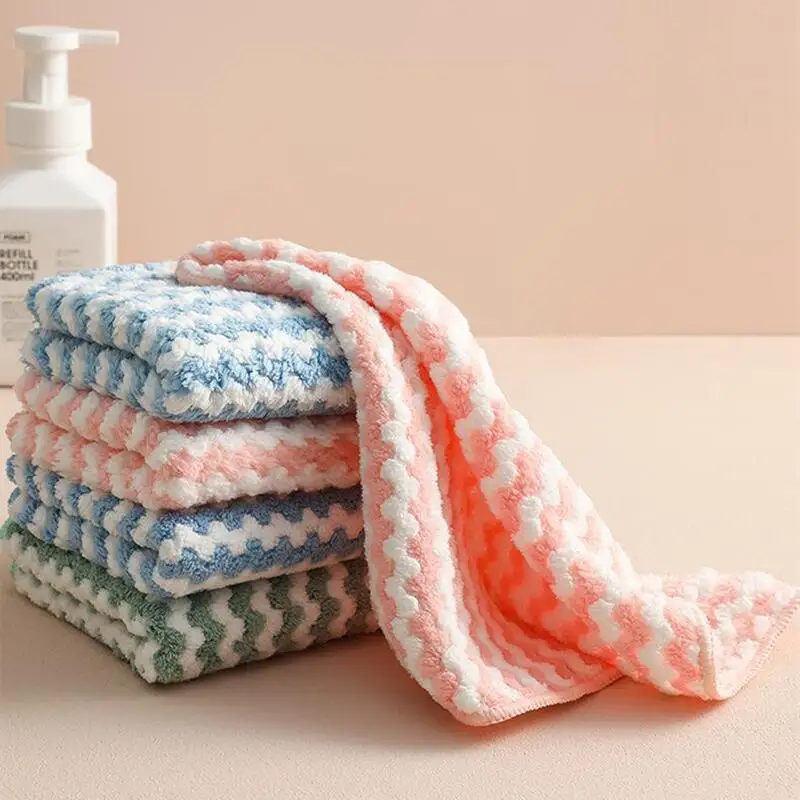 

Striped Coral Velvet Absorbent Rag Oil-Free Dish Towel Kitchen Cleaning Rag Dishwashing Cloth Useful Things For Kitchen