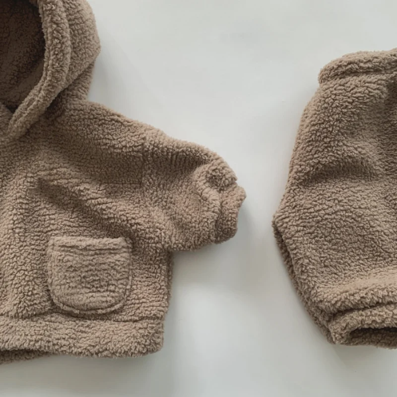 Autumn and Winter Soft Plush Suit for Boys and Girls Two Piece Warm and Thick Hooded Sweater Pants for Children enlarge