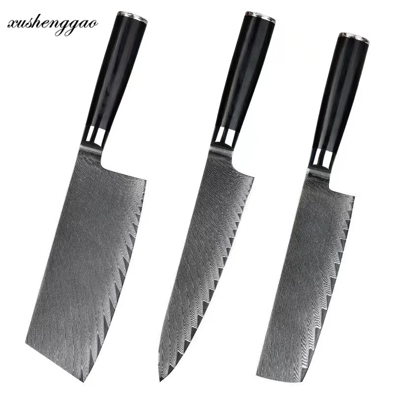 

3PCS Damascus Knives Set 67 Layers Damascus VG10 Steel Sharp Chef Nakiri Slicing Sashimi Sushi Cleaver Kitchen Knife Wood Handle