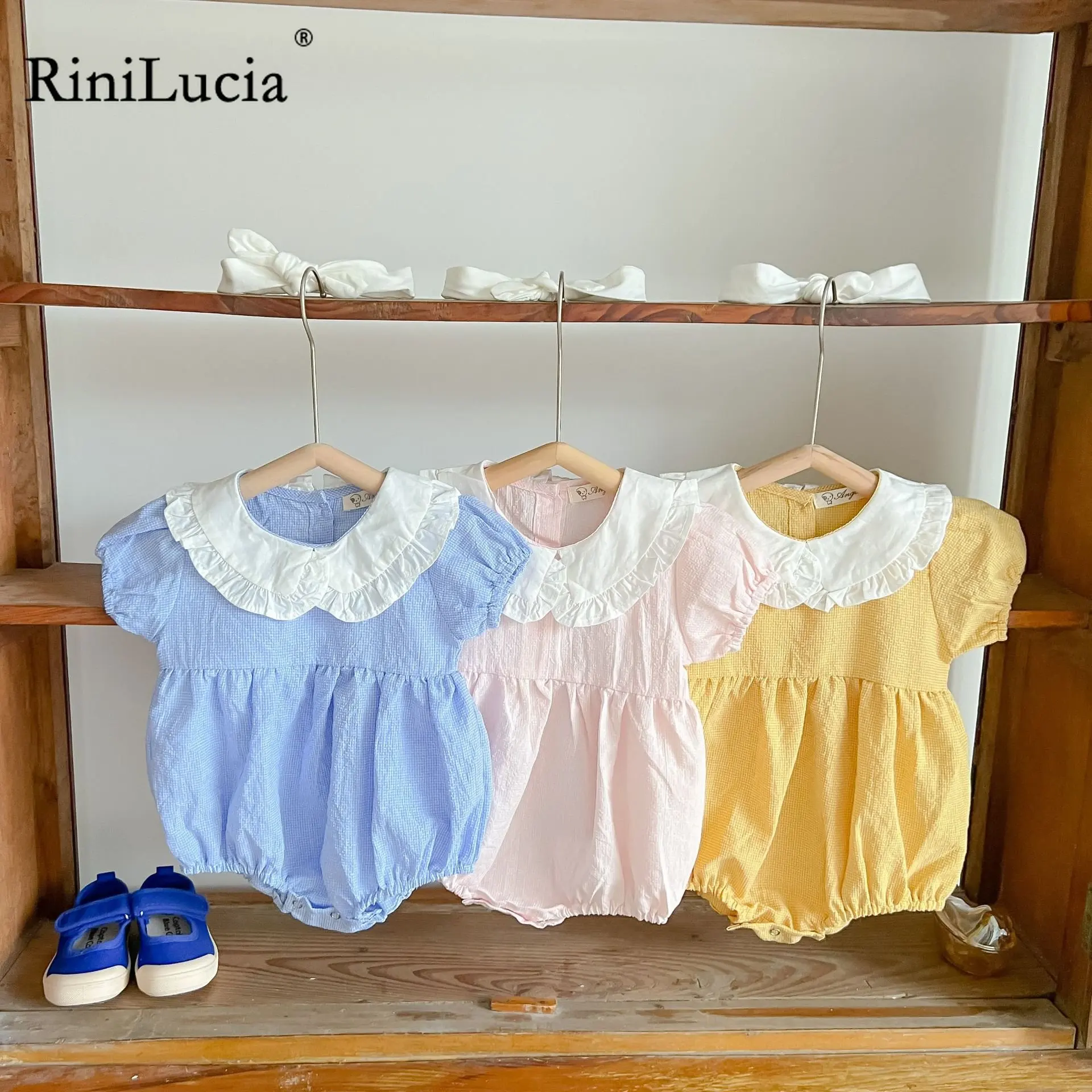

Fashion Baby Girls Romper Cotton Short Sleeve Peter Pan Collar Baby Rompers Infant Playsuit Jumpsuits Cute Clothes