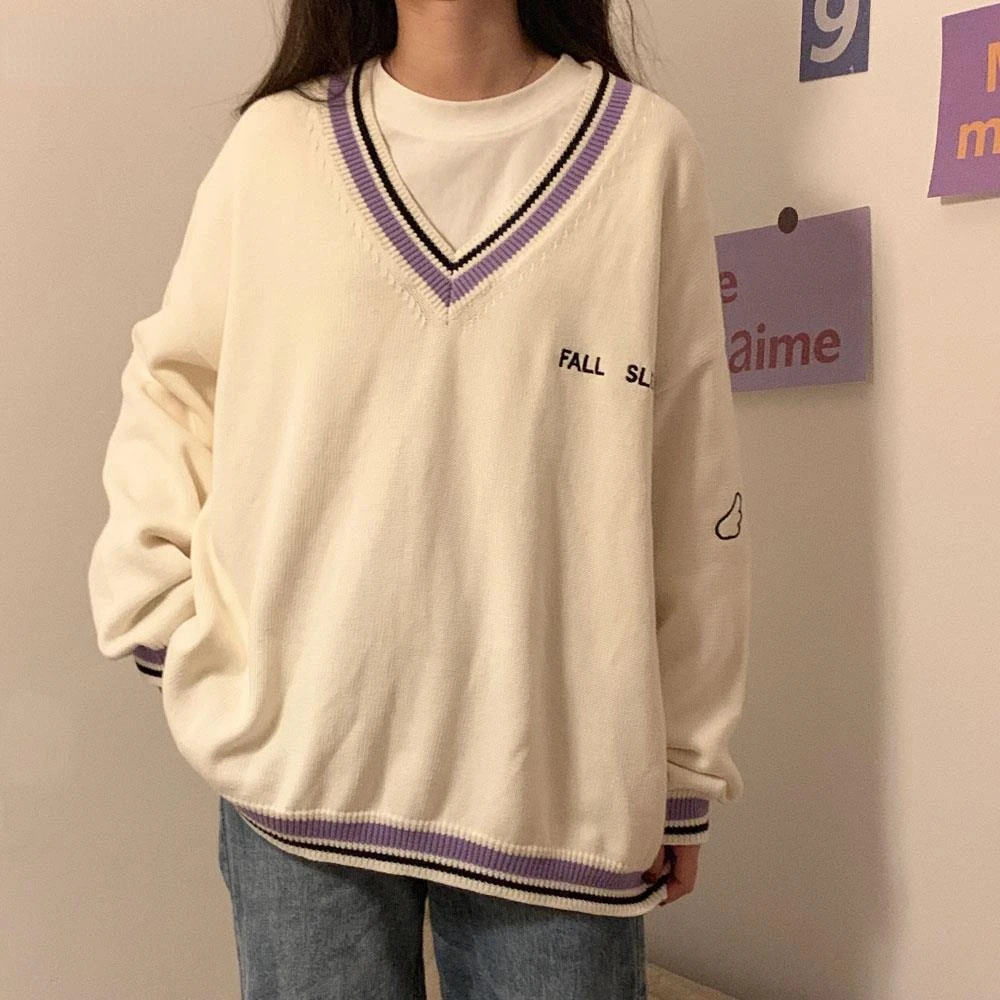 

Sweaters Women Letter Chic Vintage V-neck Daily Oversize Preppy Girls Knitwear Fall Casual All-match Ins Womens Sweater