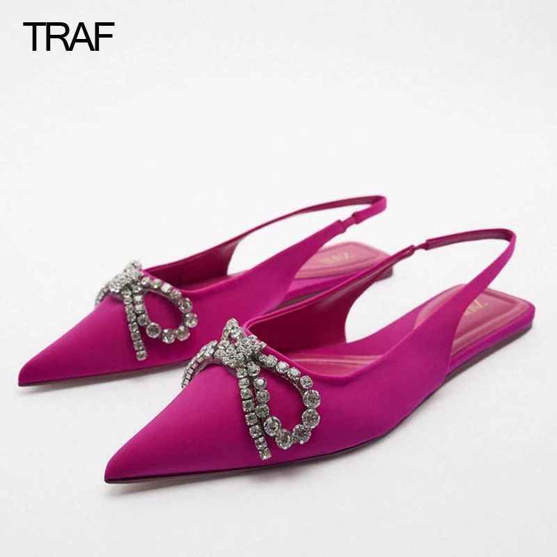 

TRAF Woman Flats Shoes Bow Flat-heeled Shoes Women's Mules Flat Shoes Female Butterfly Rhinestone Luxury Spring Summer 2022 Shoe