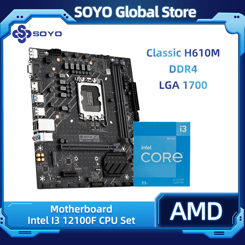 

Материнская плата SOYO SY-Classic H610M с процессором Intel I3 12100F DDR4 LGA1700, комплект материнской платы M.2 SSD, интерфейс для ПК, компьютеров, комбинированна...