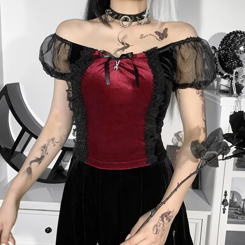 

Goth Womens Short Puff Sleeve T-shirt Tops Off Shoulder Lace Patchwork Bow-Knot Crop Top Harajuku Fairy Grunge Aesthetic Blusas