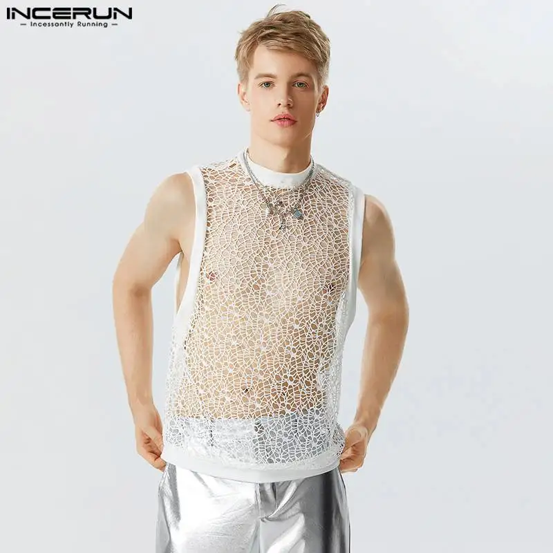 

Fashion Casual Style Tops INCERUN New Mens Sexy See-through Mesh Vests Party Show Splicing Solid Sleeveless Waistcoat S-5XL 2023