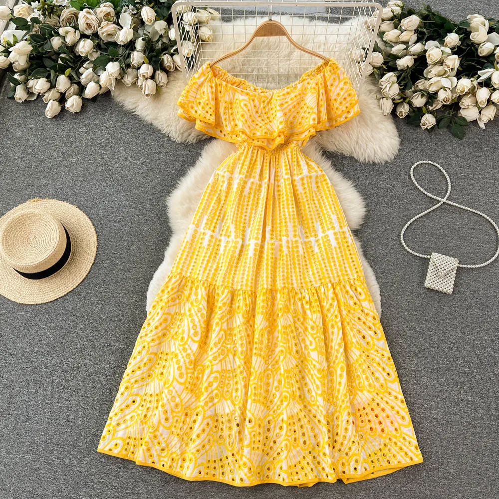 

Runway Designer Hollow Out Embroidery Long Dress for Women Summer Slash Neck Vintage Vacation Vestidos Elegant Robe