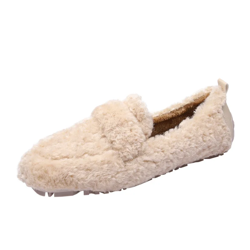 

Qianshuyi 2024 new winter apricot women's lamb wool Doudou shoe soft sole large size lazy slip-on flat single shoe free shipping