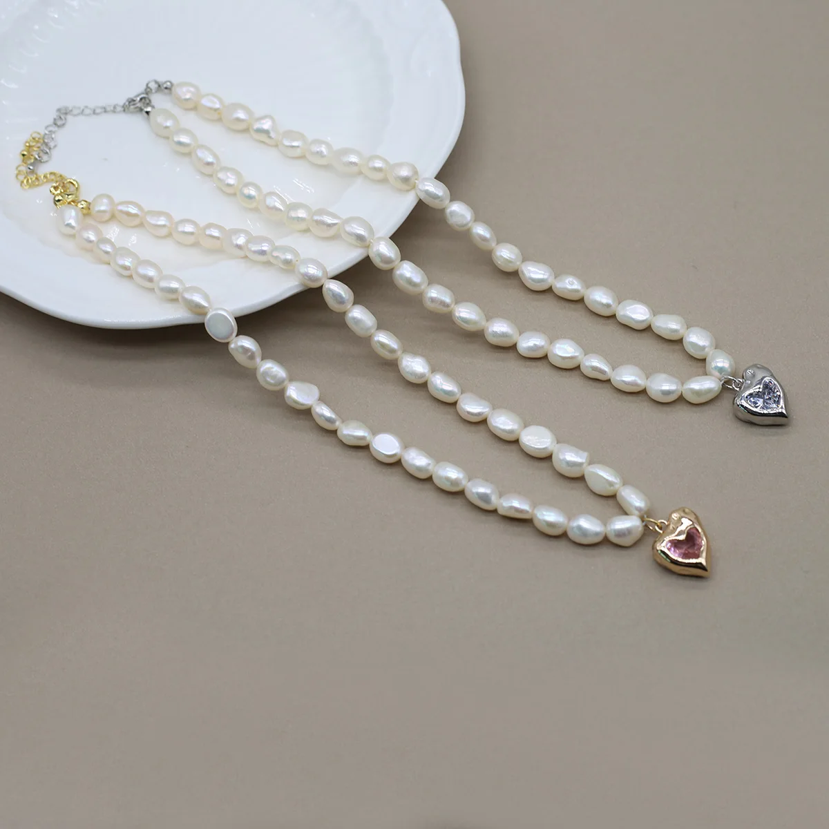 

Natural Baroque Pearl Necklace Heart Silver Color Golden Color Pendant Metal Chain Women Charm Jewelry Accessories Gift 37+5cm