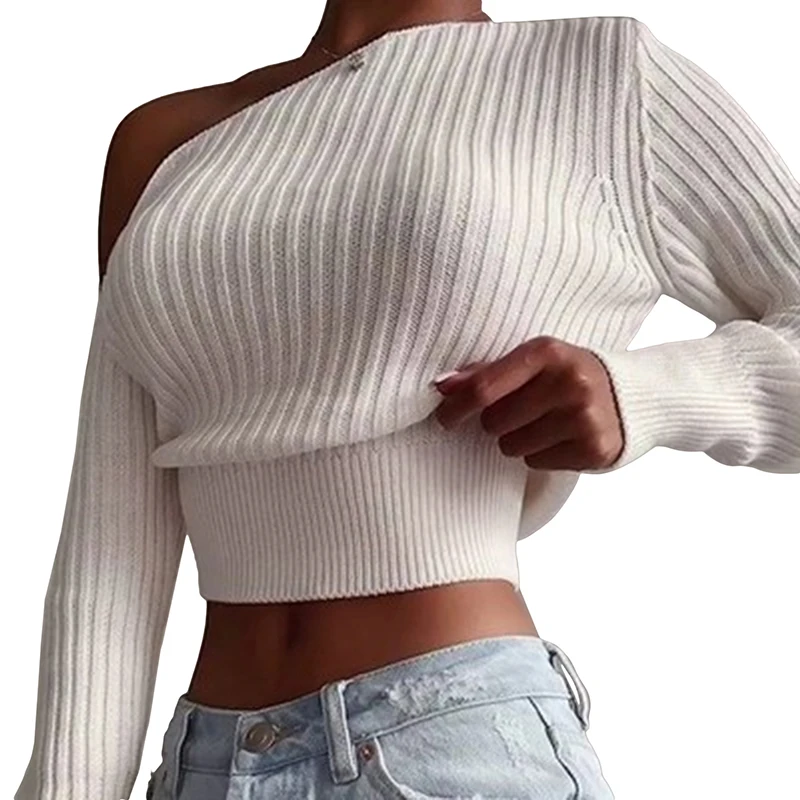 

New Sexy Off Shoulder Women' Sweater Jumper Spring Long Sleeve Knitted Crop Tops Fashion Solid Lady Pullover Sweaters Streetwear