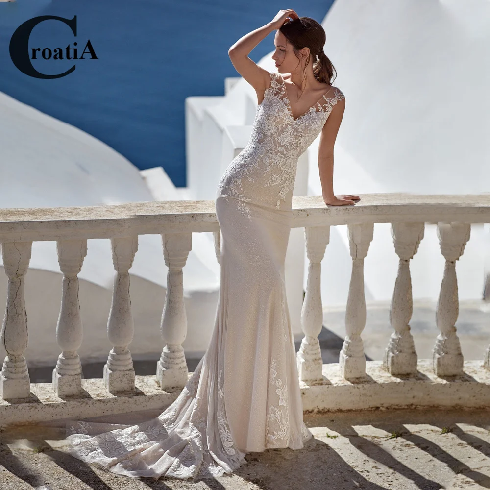 

Croadia Свадебные платья с открытой спиной для женщин 2023 аппликации для невесты Современные с открытыми плечами тюлевые пуговицы со шлейфом