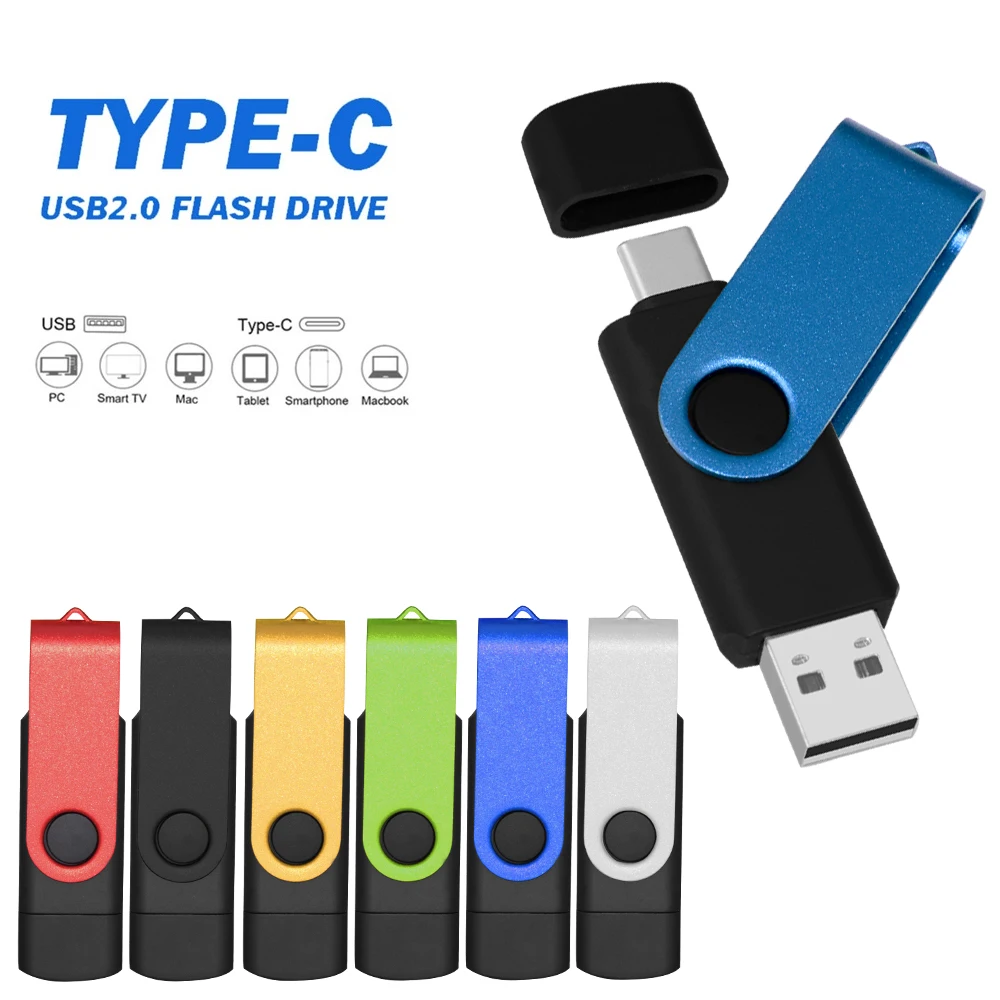 

Fashion Waterproof 2 In 1 USB2.0 TYPE-C Usb Flash Drive 360° Rotation Memory Stick 4GB pendrive 16GB Pen Drives Hi-Speed Storage