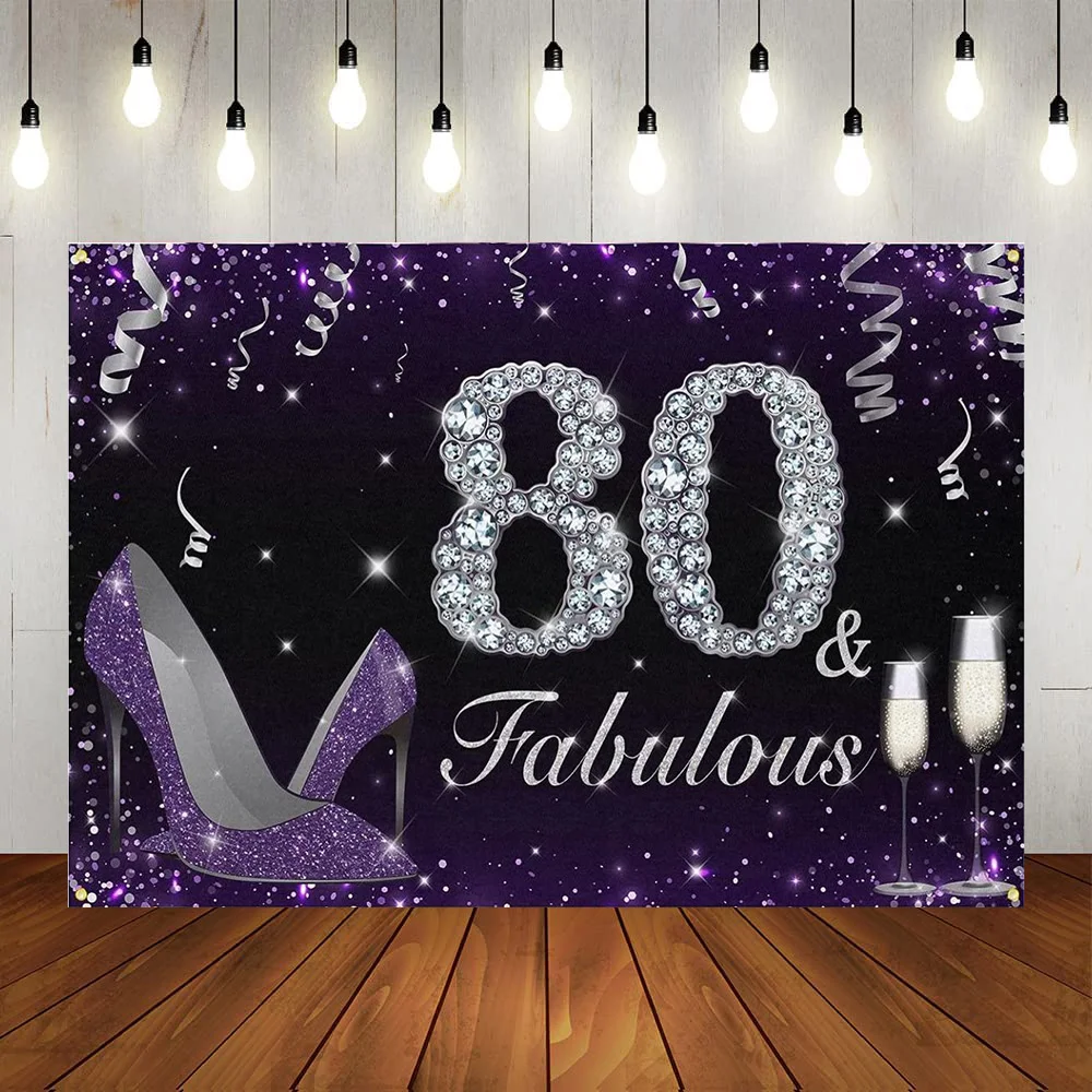 

Black Purple Gold Happy 80th Birthday Party Backdrop High Heel Women Rose Lady Decorations Banner Photography Background Poster