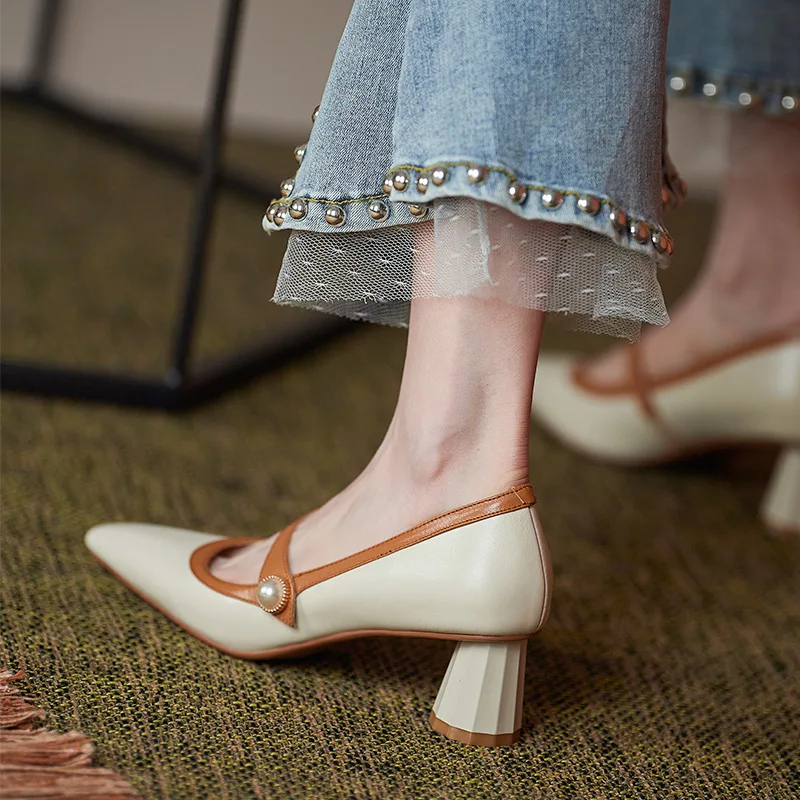

2023 Autumn French Retro Spring High Heels Women's Shoes with Color-blocking Pointed Toe Comfortable Mary Jane Shoes