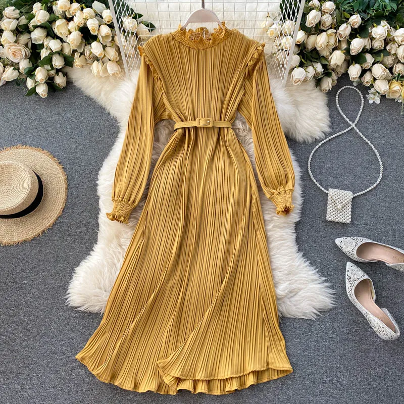 

Women Spring Autumn New Elegant Solid Pleated Dress With Belt Female Long Sleeve Office Lady A-line Vintage Clothing Vestidos
