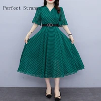 lady high end elegant summer 2022 short sleeve stripe middle aged mother noble bohemian long womens chiffon dress with belt