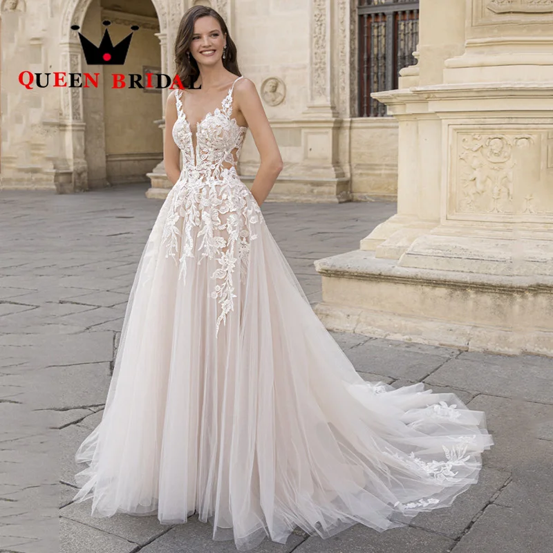 

A Line V Neck Wedding Dress 2023 New Elegant Appliques Backless Spaghetti Straps Bridal Gowns Vestidos De Novia Custom C50X