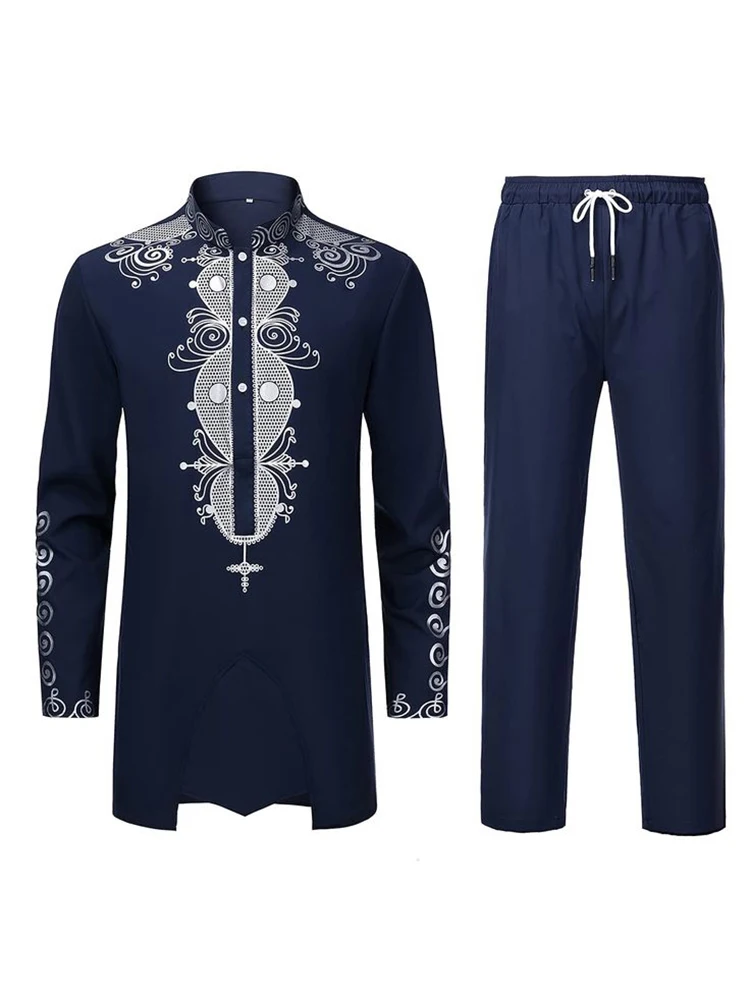 ładowa męska szata muzułmańska z klasycznym nadrukiem Czarno-białe żółte granatowe spodnie długim rękawem Wzór 3D Tradycyjna funkcja