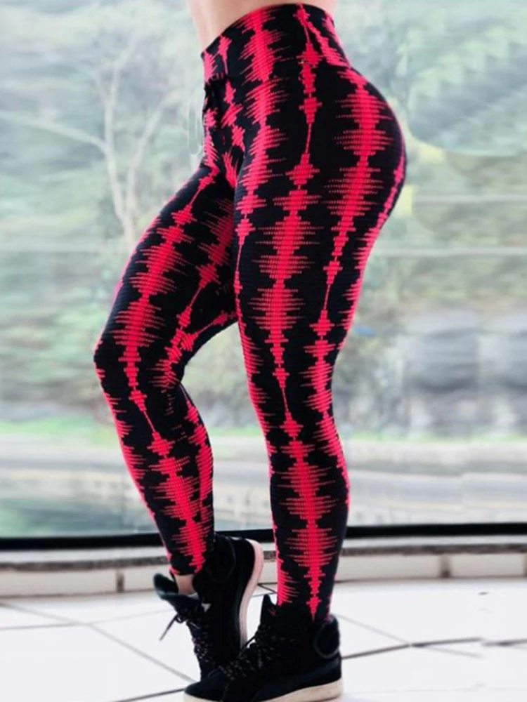 Soft Workout Tights Fitness Outfits Red Black Print Spandex Leggings Women Yoga Pants High Waisted Gym Wear
