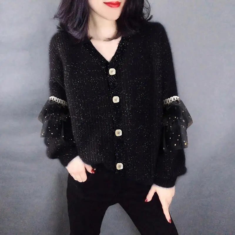 

Женский трикотажный кардиган с V-образным вырезом, кружевной свободный кардиган с V-образным вырезом, модель T212 на весну, 2023