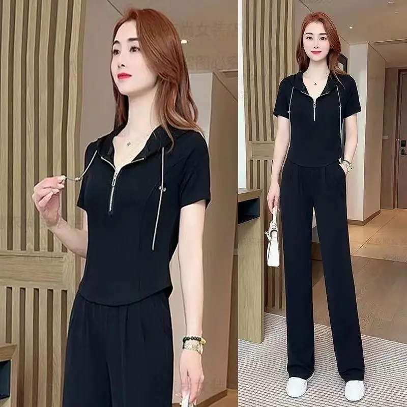 Женский спортивный костюм, повседневный костюм из двух предметов, топ с отложным воротником и штаны с высокой талией, спортивные свободные комплекты, наряд G356