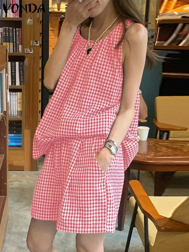 

VONDA Casual Summer Short Sets 2023 Fashion Women Striped Sleeveless Suits Sexy O-Neck Tops and Loose Shorts Retro Matching Sets
