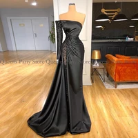 elegant black evening party dresses strapless long sleeves beading pearls pageant gown sweep train mermaid prom dress