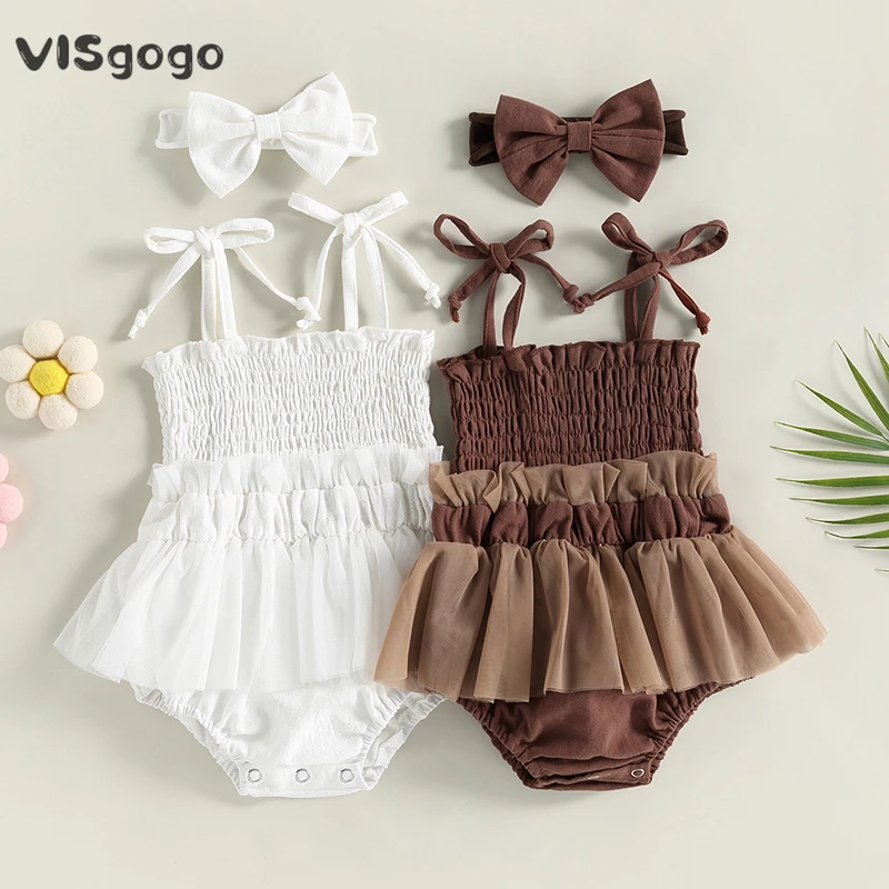 

Боди для маленьких девочек VISgogo 2 шт. летняя одежда без рукавов однотонный на шнуровке однотонный комбинезон платье с повязкой на голову комплект