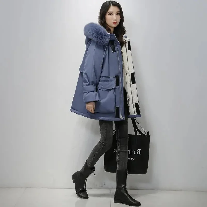 2022 Cotton Padded Fur Parka New Big Fur Collar Down Winter Jacket Women Thick Warm Parkas Female Outerwear