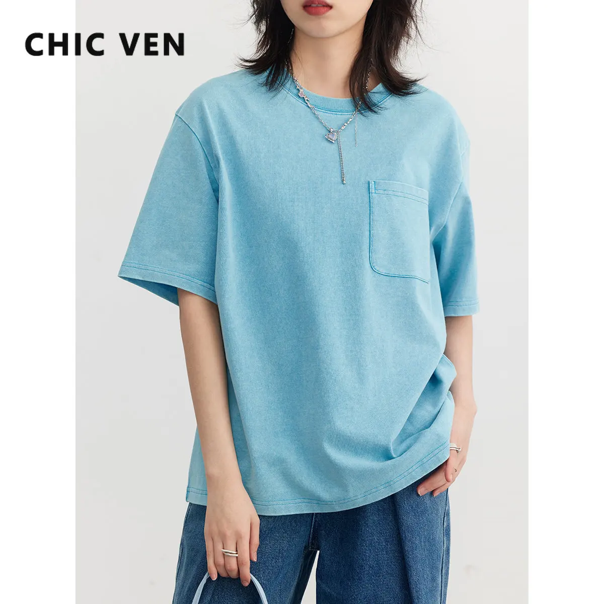 

CHIC VEN Women Tees Casual Loose Round Neck Patch Pocket Pullover T-shirt Short Sleeve Female Top Summer New 2023