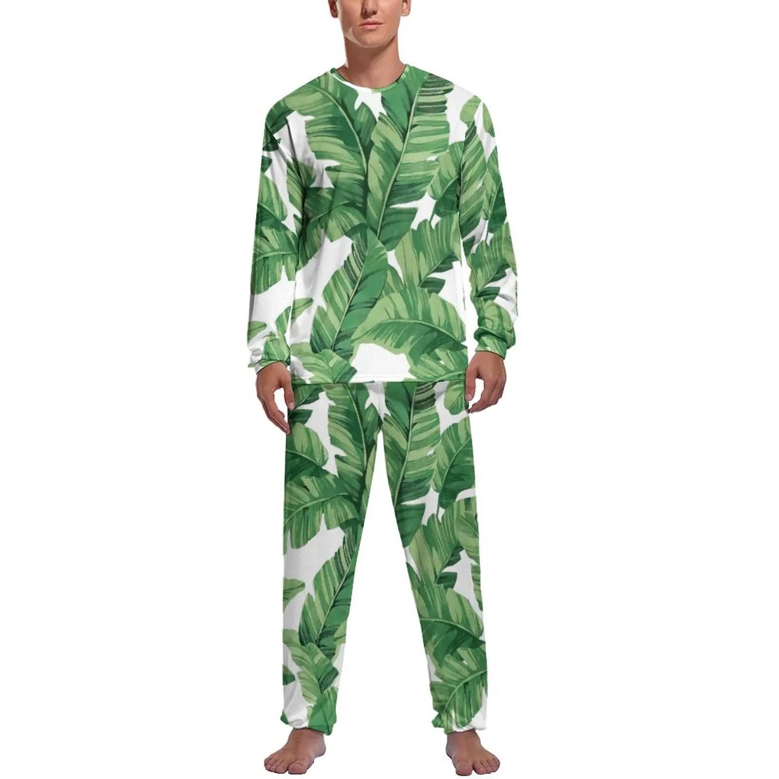 Banana Leaf Pajamas Autumn 2 Pieces Tropical Print Romantic Pajama Sets Mens Long-Sleeve Bedroom Graphic Nightwear