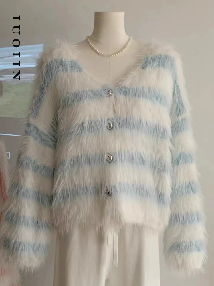 

IUOIIN Striped Cardigans Women Sweaters 2023 Autumn Winter Korean Fashion Casual Soft Top Button Single Breasted V-Neck Sweater