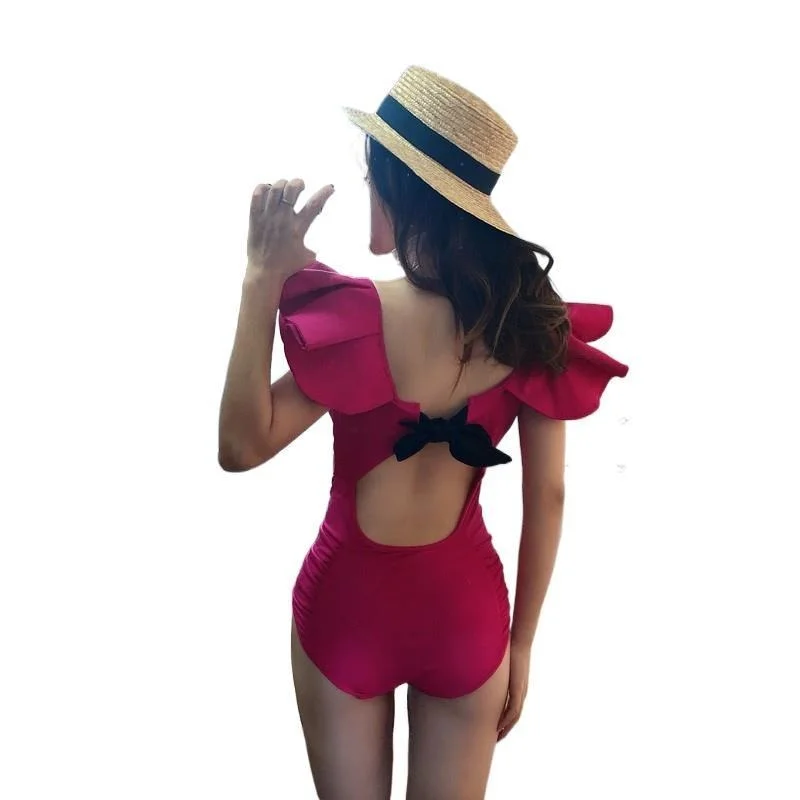 Japan and South Korea new style swimsuit female big lotus leaf collar is thin one-piece bikini solid color bikini swimwear