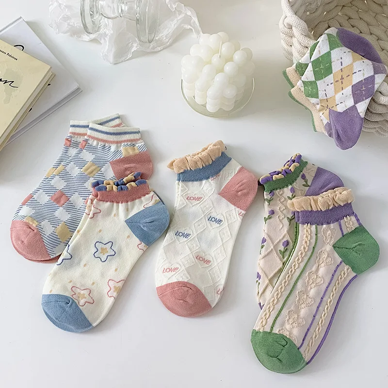 

Low Cut Cutton Socks Women's Low-top Socks Lovely Rhombus Floral Checkerboard Bubble Edge Girl's Sweet Spring Summer Socks