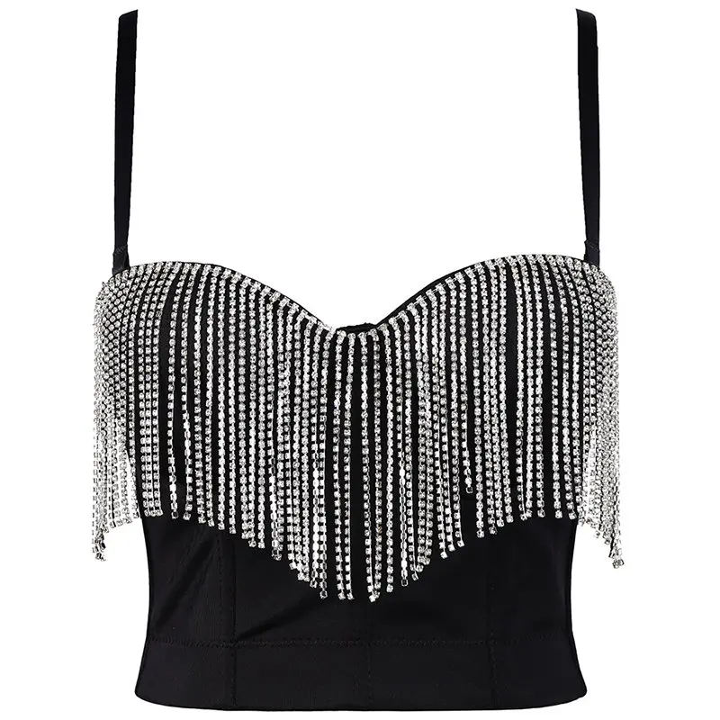 

Sexy Tassel Rhinestone Nightclub Push Up Bralette with Built In Bra Cropped To Wear Out Corset Tops Female Camis Crop Top