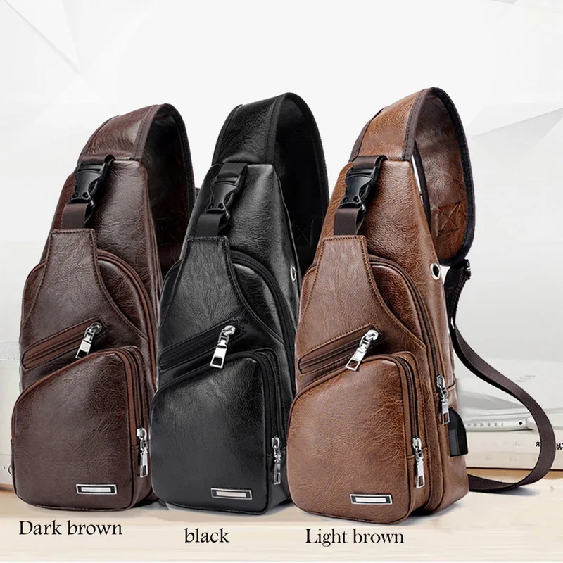 

Men Chest Crossbody Men Usb Charging Headphone Plug Waist Bags Pu Leather And Canvas Shoulder Bag Boy Diagonal Package