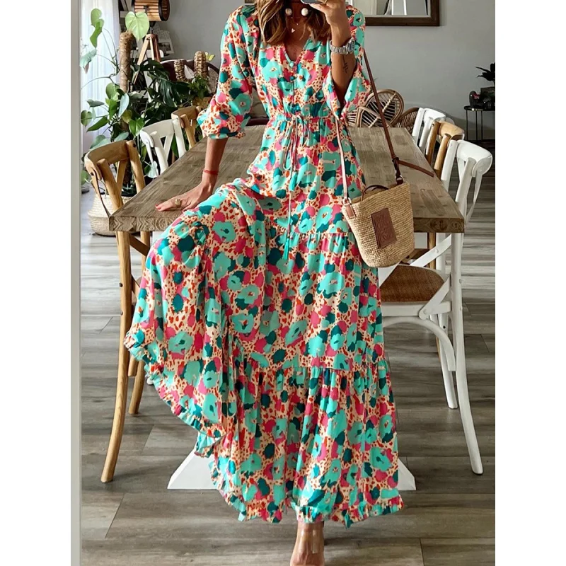 

Shiying Autumn New Three-Quarter Sleeve Waist Dress Women's Europe and America Cross Border Printed Deep V Chiffon Dress