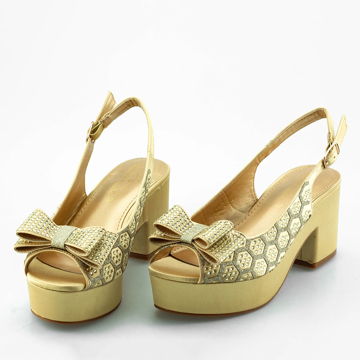 Gold Wedding Party Shoes Nigerian Dress Pumps Peep Toe Bling Bling Luxury Chunky Heels for Ladies Rhinestone Slingbacks Shoe NEW