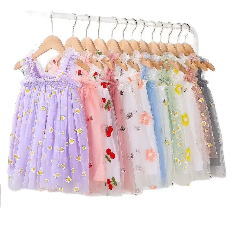 

Flower Embroidery Girls Dress Summer Baby Sling Tulle Pettskirt Sweet Daisy Kids Princess Dress Party Vestidos Para Clothes 1-6T