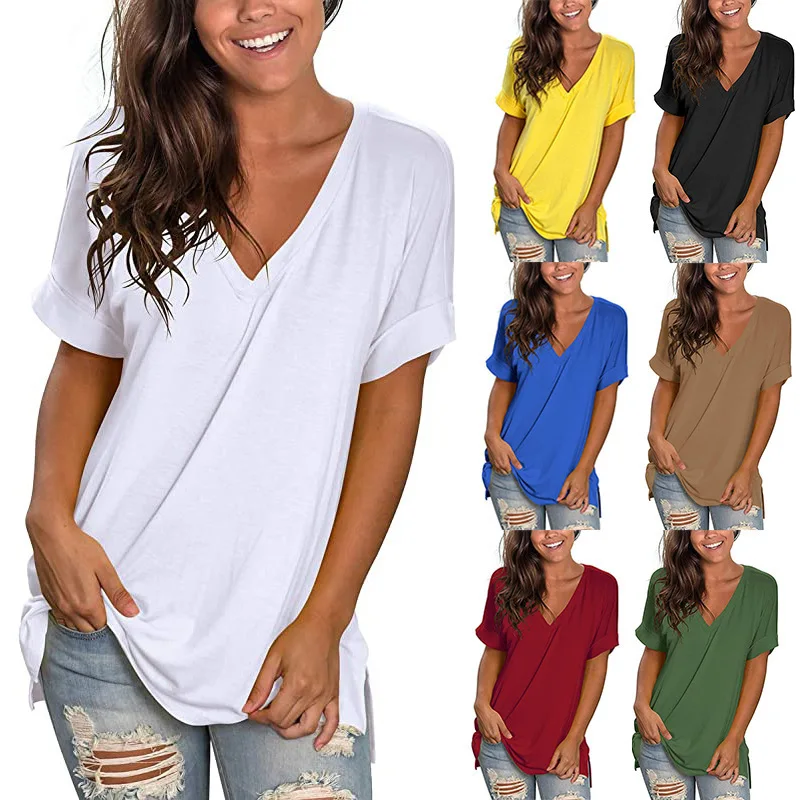 

2023 Summer New Women's V-Neck Solid Short Sleeve Top Loose T-shirt
