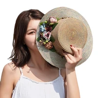 summer new womens sun hat bucket cap beige lace bowknot flowers ribbon flat top straw hat beach caps panama