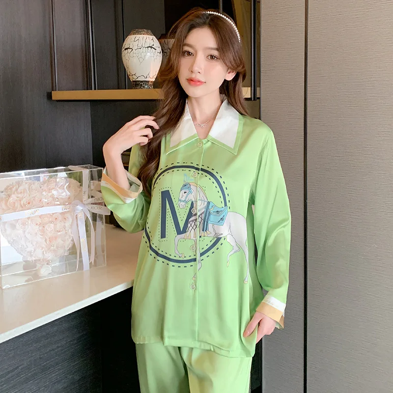 FALLINLAOE High Quality Women's Pajamas Set Luxury M Letter Print Sleepwear Point Collar Casual Homewear Nightwear Femme Petite