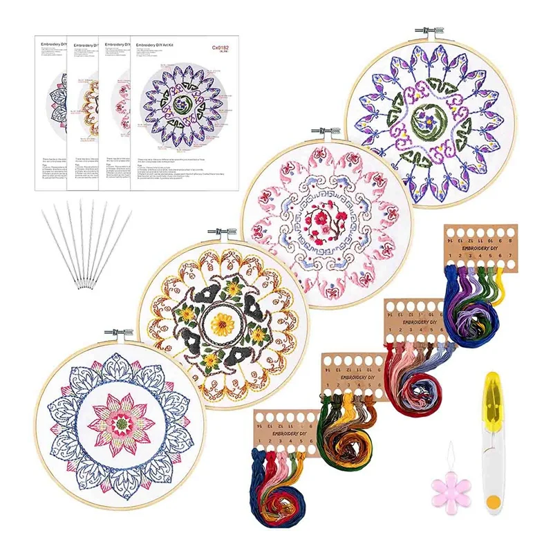 

Promotion! 4 Mandala Embroidery Starter Kit With Instruction Plum Blossom Chrysanthemum Orchid Lotus Needlepoint Cross Stitch Ki